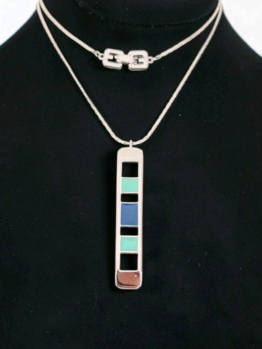 Vintage Givenchy 1991 Silver Tone Blue Green Enamel Bar Necklace 24”